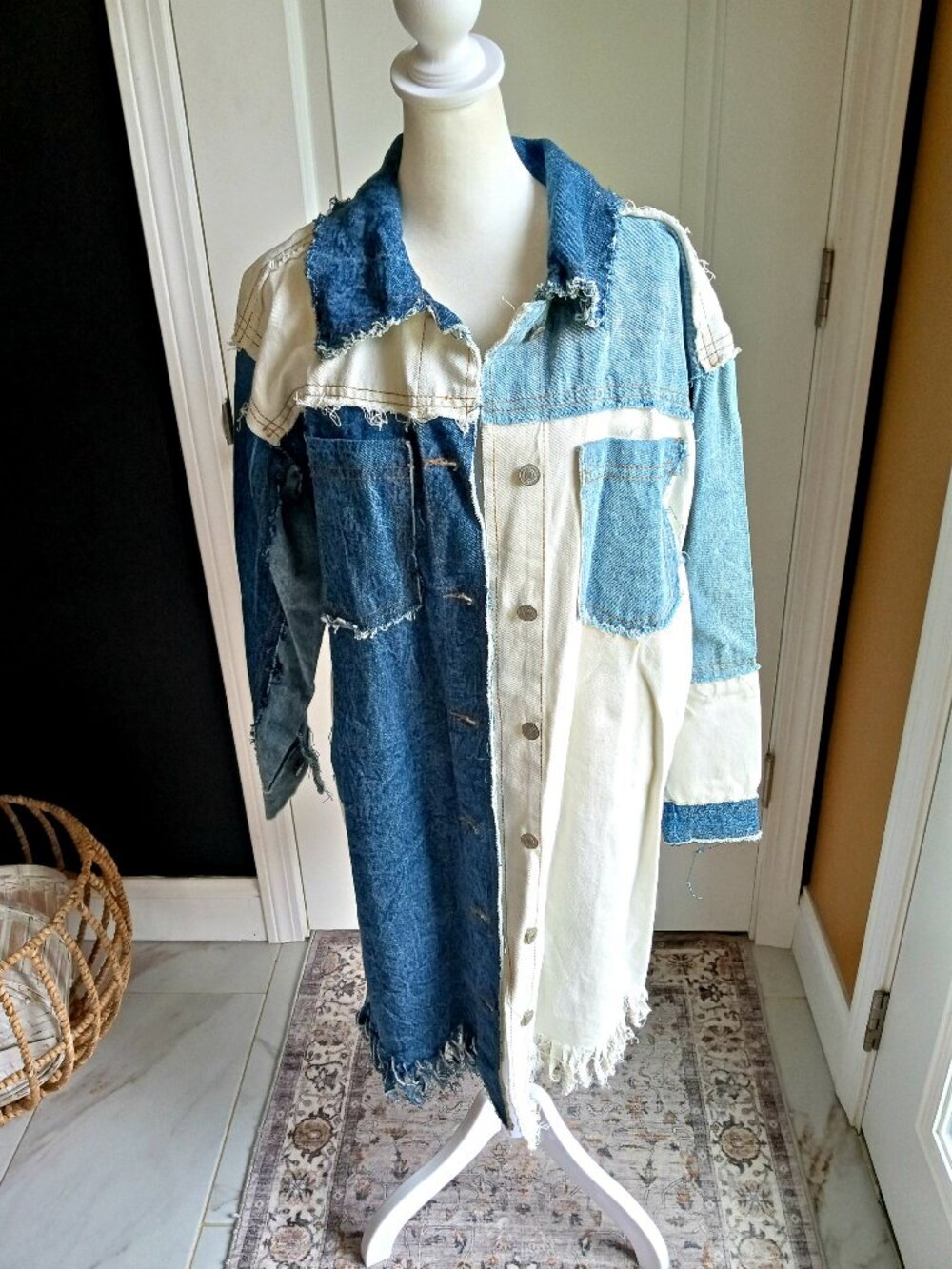 NEW! DISTRESSED MULTI DENIM LONG DENIM JEAN JACKET DRESS